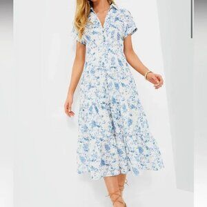 En Saison Cap Sleeve Midi Dress blue and white toille pattern with eyelets
